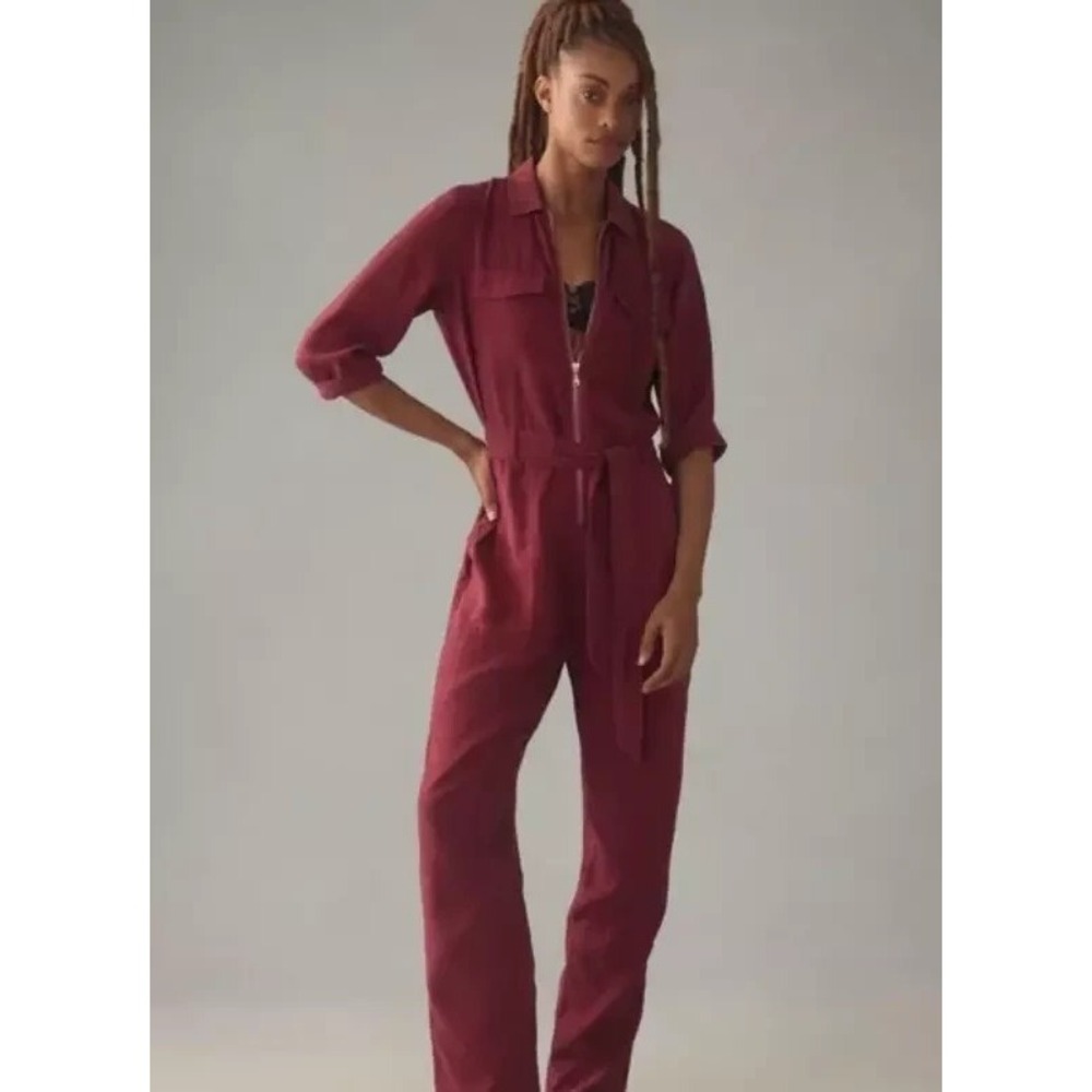 Cloth & Stone Anthropologie XL Utility Jumpsuit Burgundy Zip Front Fall Game Day